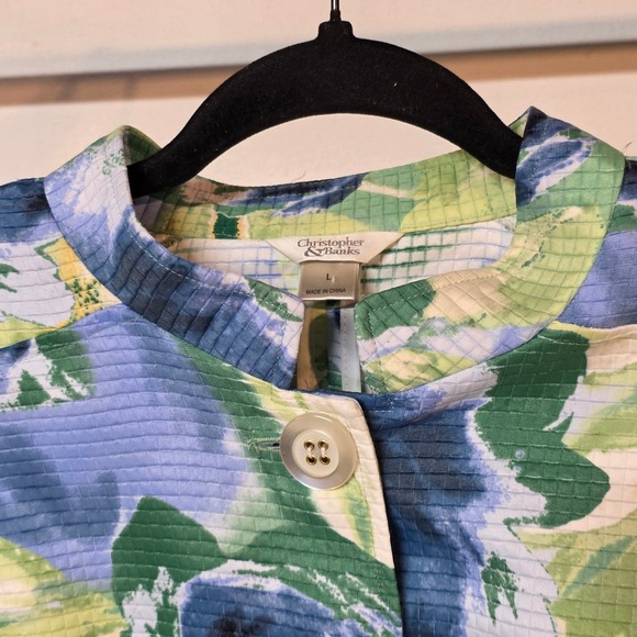 Christopher & Banks Women L Blue Green Floral Waffle Blazer Button Spring Jacket - Picture 7 of 11